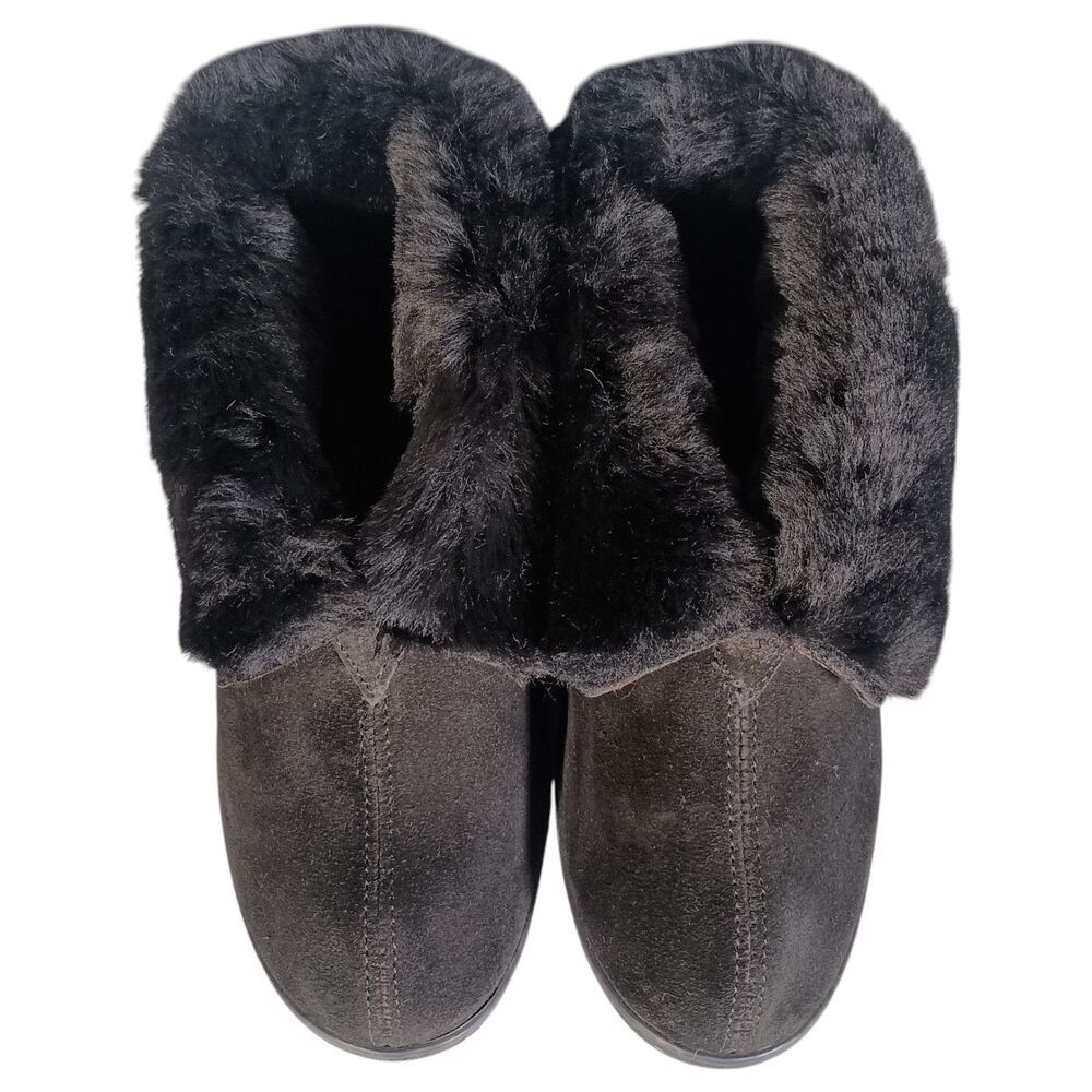 Minnetonka Suede Real Sheepskin Slipper Boots Womens 10 Black Fur Lining - Picture 6 of 14